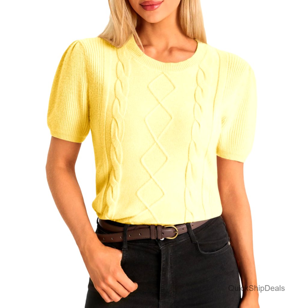Lightweight Puff Sleeve Cable Knit Sweater Top, Crew Neck, Recycled Material